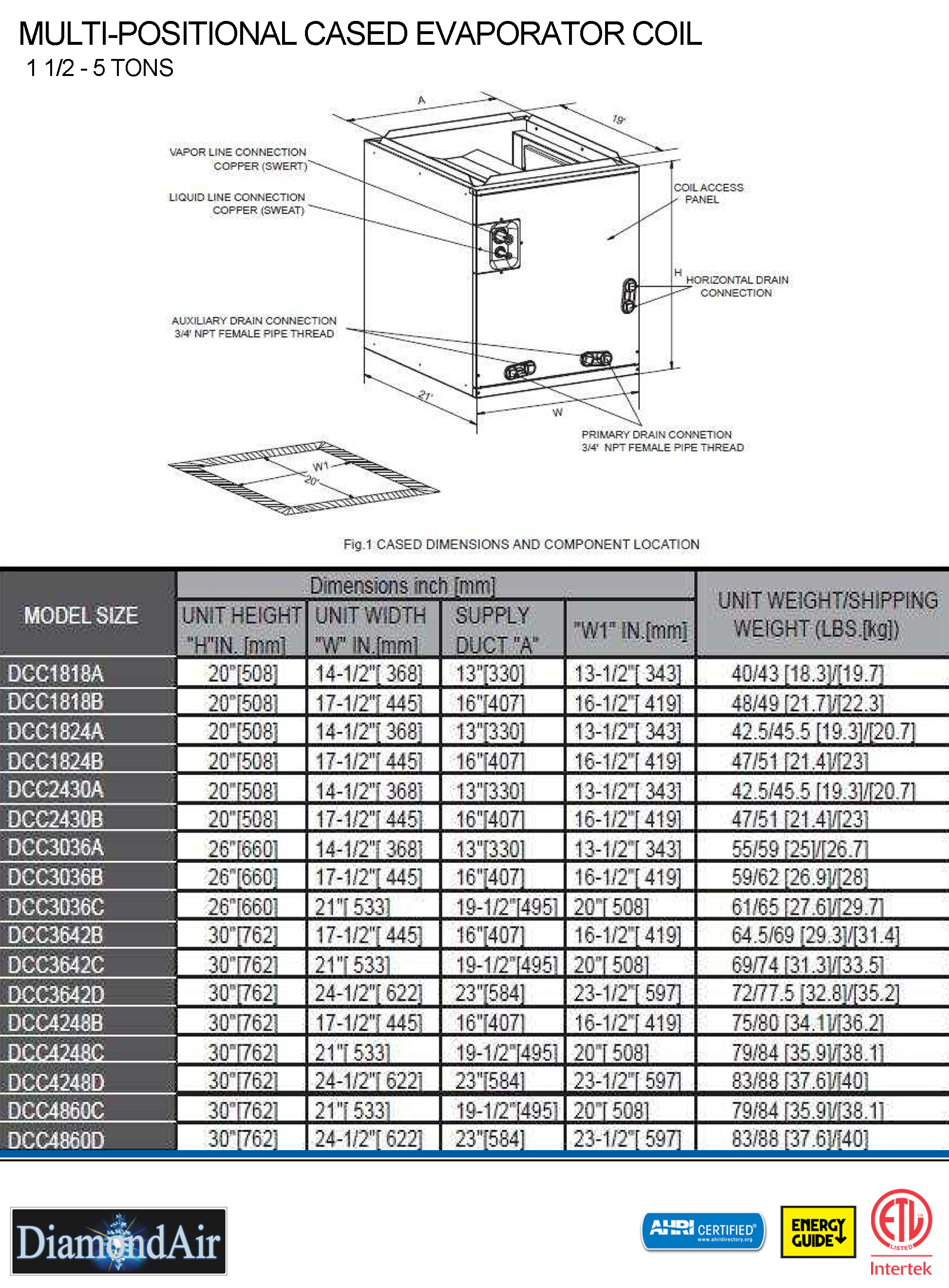 2.5 - 3 Ton DiamondAir Multi-Positional Cased Coil DCC3036A (T)